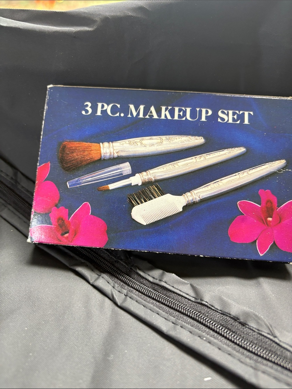 3 PC Makeup Brush Set - Silver Handles, Pink Accents Vintage